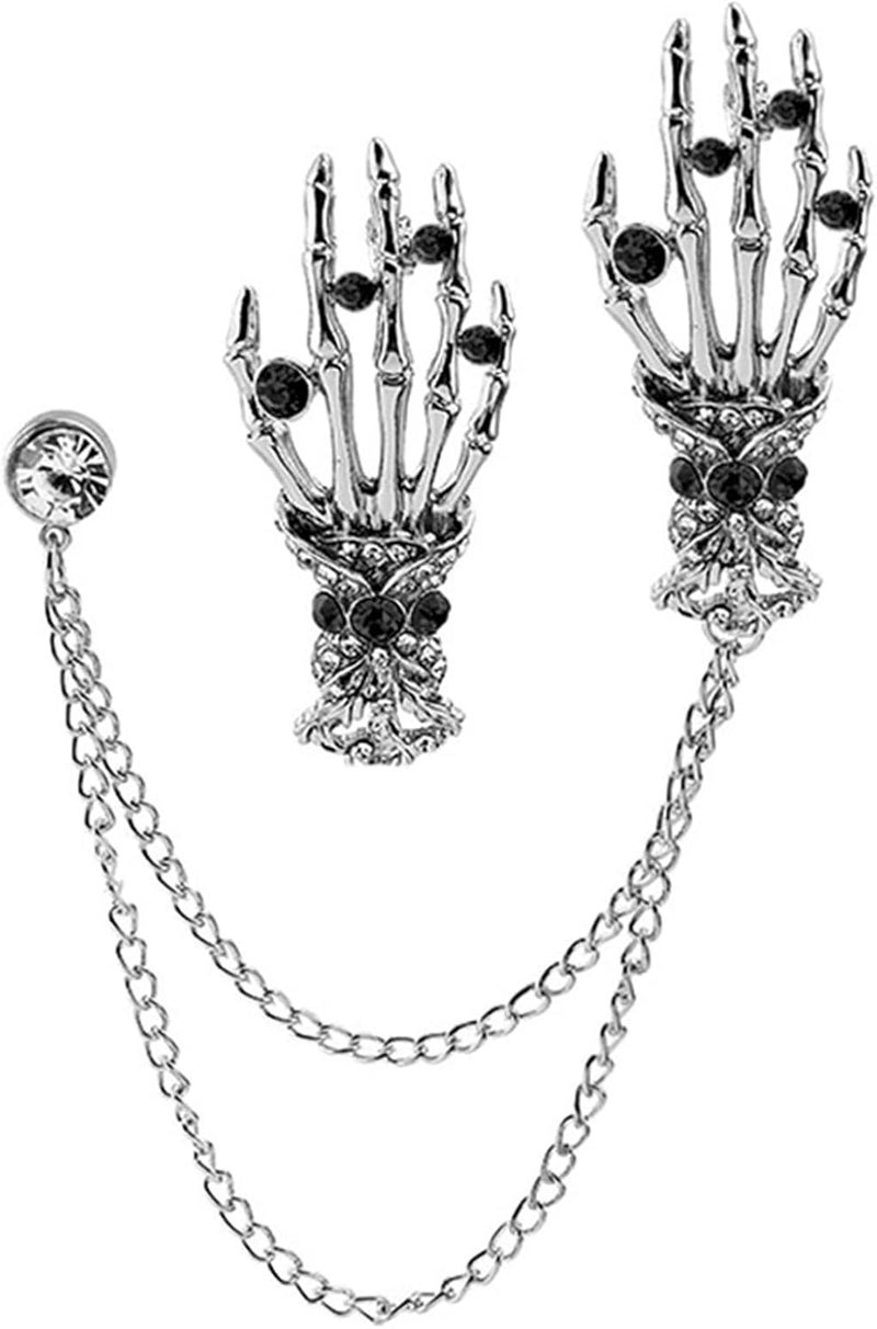 WCRAZYE 2PCS Vintage Skeleton Hand Long Chain Lapel Pin for Women Men Gothic Punk Brooch Retro Crystal Skeleton Skull Collar Pin Halloween Gifts - Image 1